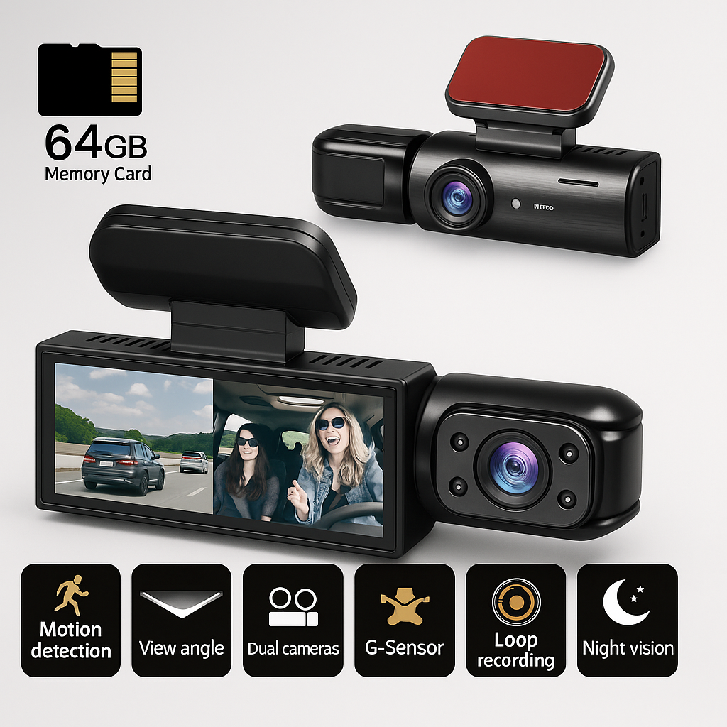 Dashcam Dublu Full HD Mașină - Viziune Nocturnă + Cameră Interioară 